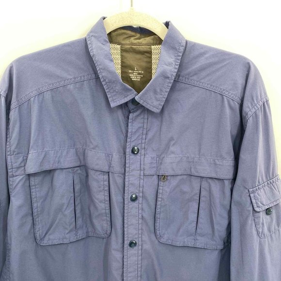 REI Button Front Shirt Mens Large Blue‎ Polyester Vented Pockets Roll Tab - Picture 2 of 8